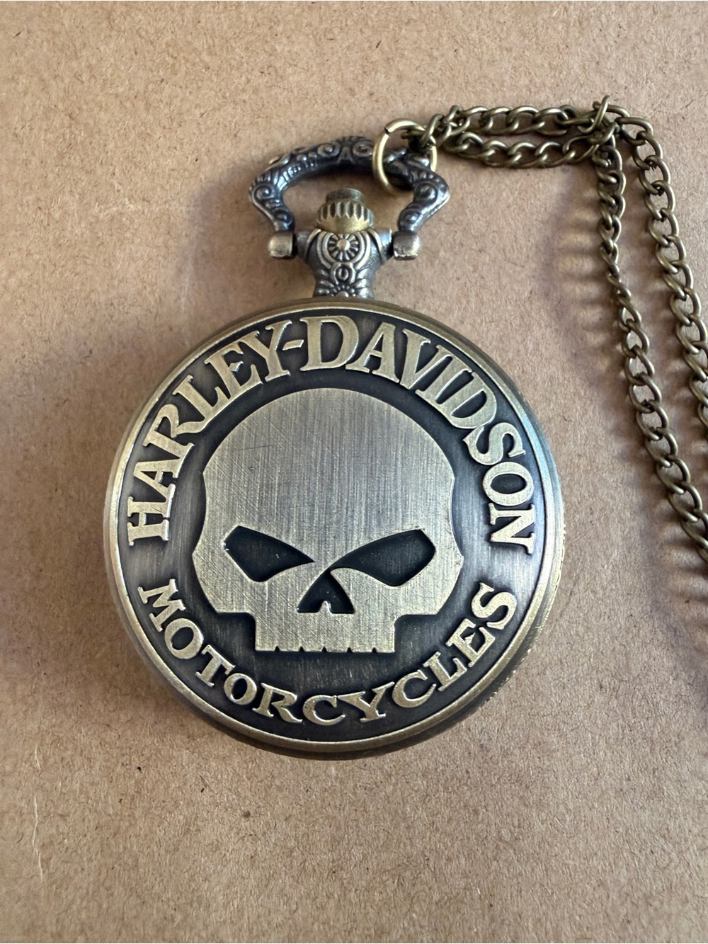Harley-Davidson Bronze-Tone Skull Pocket Watch Pendant with Chain